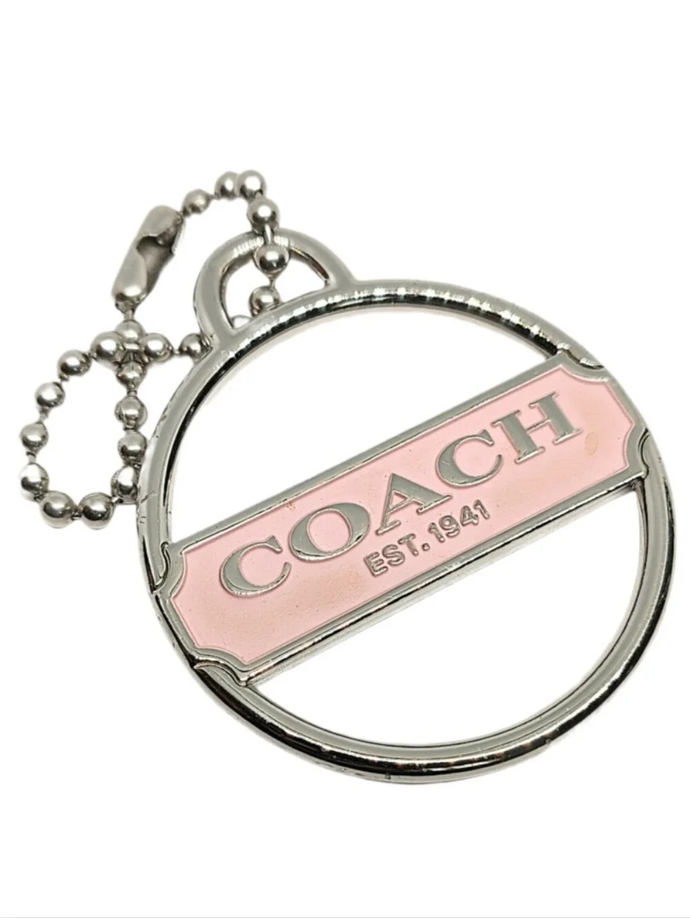 🆕 Coach Light Pink & Silver Nickel Round Metal Hang Tag Bag Fob Charm Keychain